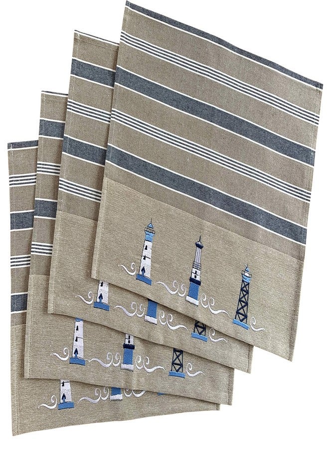 Eight Owls Nautical Placemats - Set of 4 -- Cotton Decorative Embroidered Design - Natural, Navy Blue and White (Lighthouse) - Image 1